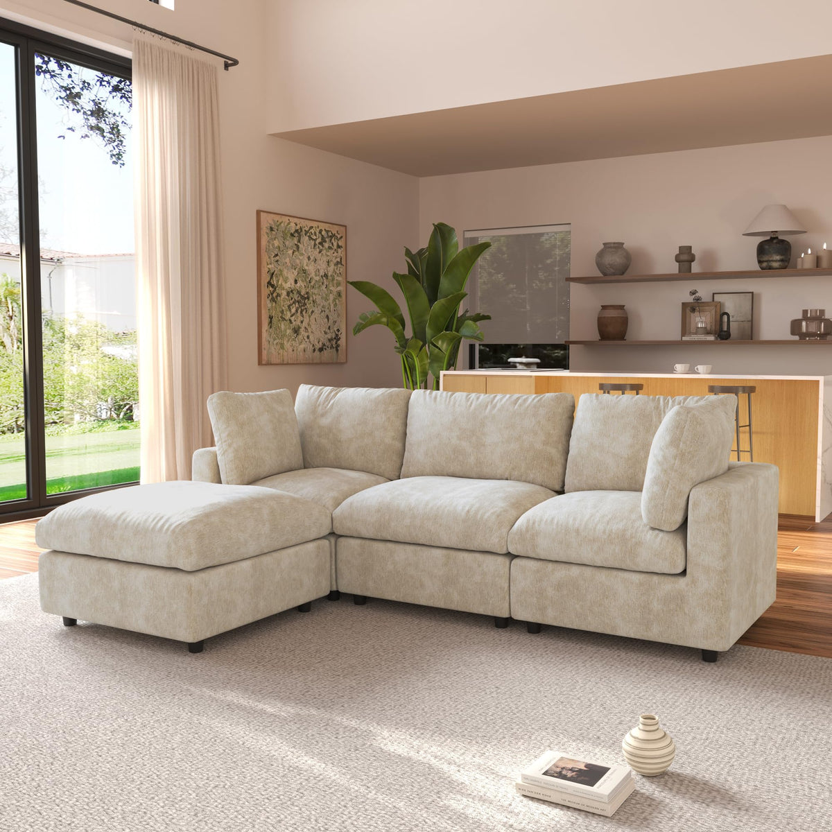 120" Cloud Couch Chenille Sectional Sofa for Livingroom Beige