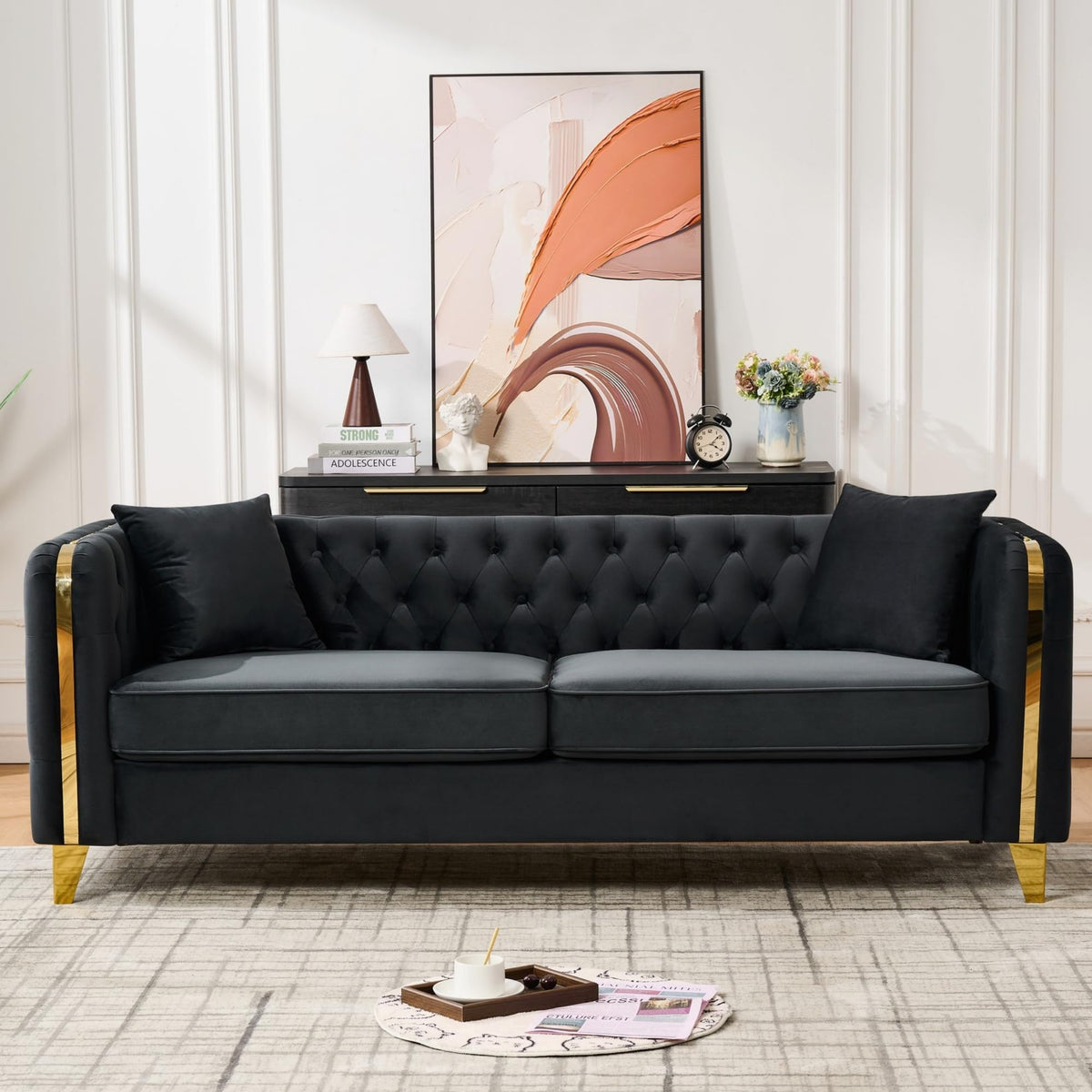Velvet Chesterfield Sofa Set of 2, Mid Century Modern Deep Seat Loveseat + 3 Seater Couch with Golden Legs and Button Tufted, Upholstered Comfy Sofa with 2 Pillows for Living Room, Black Gold