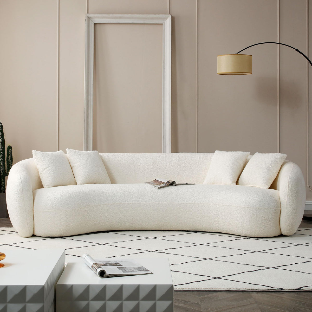 102'' 5-Seater Boucle Sofa Modern Sectional Half Moon Leisure Couch Curved Sofa Teddy Fleece Fabric (White)