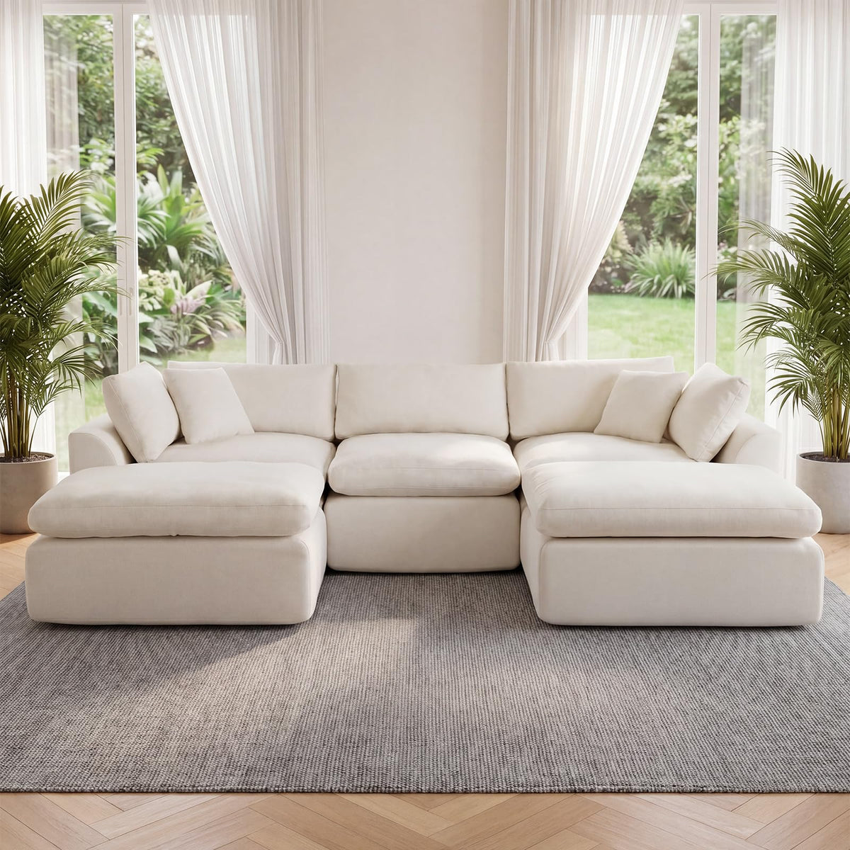 111" Boneless Sectional Couches for Living Room, 5 Seater Deep Seated U Shaped Cloud Couch with Ottomans, Chenille Compressed Modular Cloud Sofa Couch in a Box, No Assembly Required, Grey
