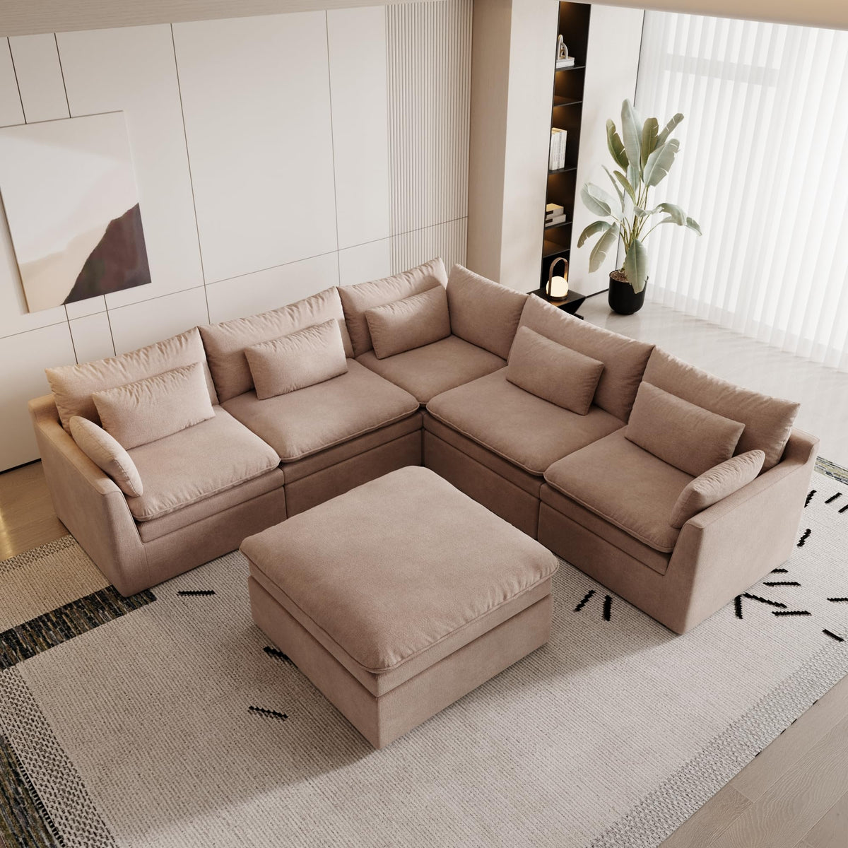 120" Cloud Couch Modular Sectional Sofa for Living Room, 3-Seater with Ottoman, Modern Sofa with Small Pillows Deep Seat L Shapedd Couch Covers Removeble Comfy Linen Khaki