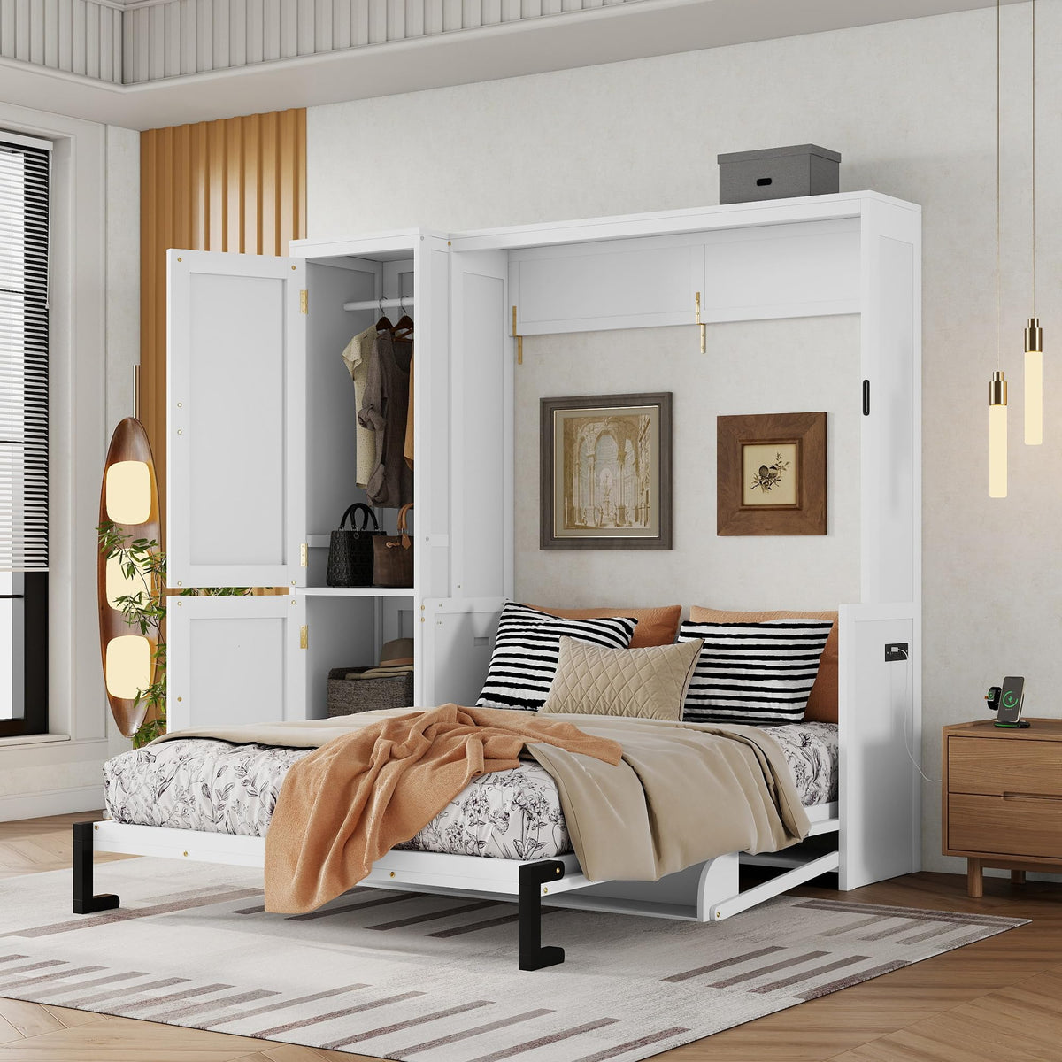 Wood Murphy Bed with Sofa, 4 Storage Shelves and USB Charging Station