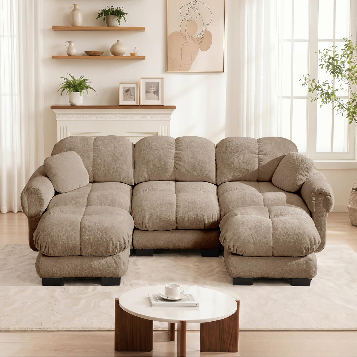 103.9" Modular Cloud Couch, Oversize U-Shaped Sectional Sofa with Ottoman, Deep Seat Chenille Couch, Anti-Slip Design, Modern 3-Seater Sofa for Living Room/Apartment/Bedroom, Brown