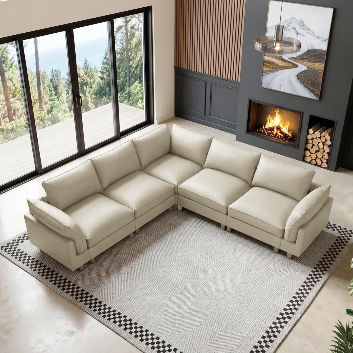 126" L Shaped Faux Leather Couch with Deep Seat for Living Room, Grey