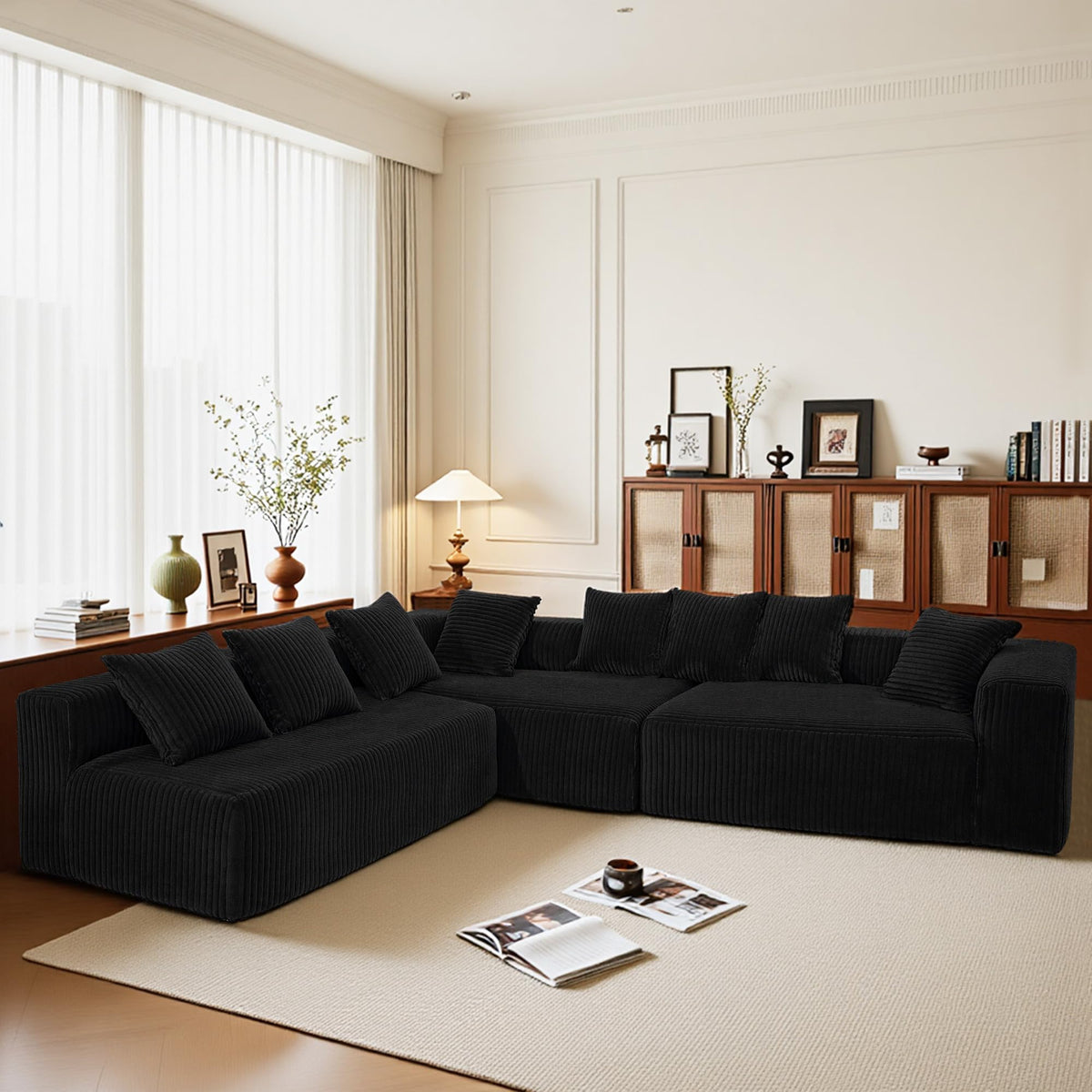 130" Cloud Couch Sectional, Boneless Couch, Corduroy Sofa for Living Room, U Shaped Modular Sofa with Chaise, No Assembly, 4 Seats Oversized, Black