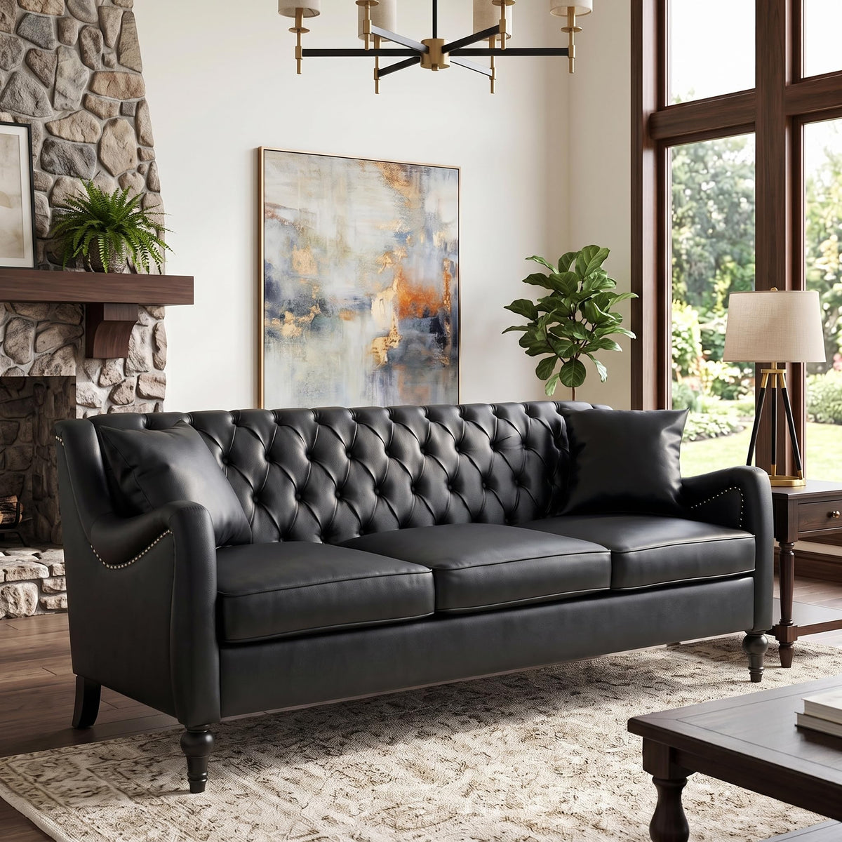 103" L-Shaped Chesterfield Sofa, Tufted PU Leather Sectional Couches for Living Room, 6-Seat Vintage Corner Couch, Black