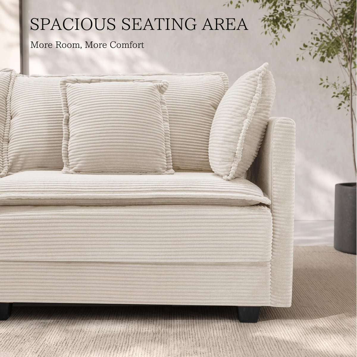 113" Modular Sectional Sofa with Movable Ottoman, 4-Seat L Shaped Corduroy Cloud Couch with Deep Seats and Pillows, Modern Sectional Sofa Set for Living Room, Apartment,Beige