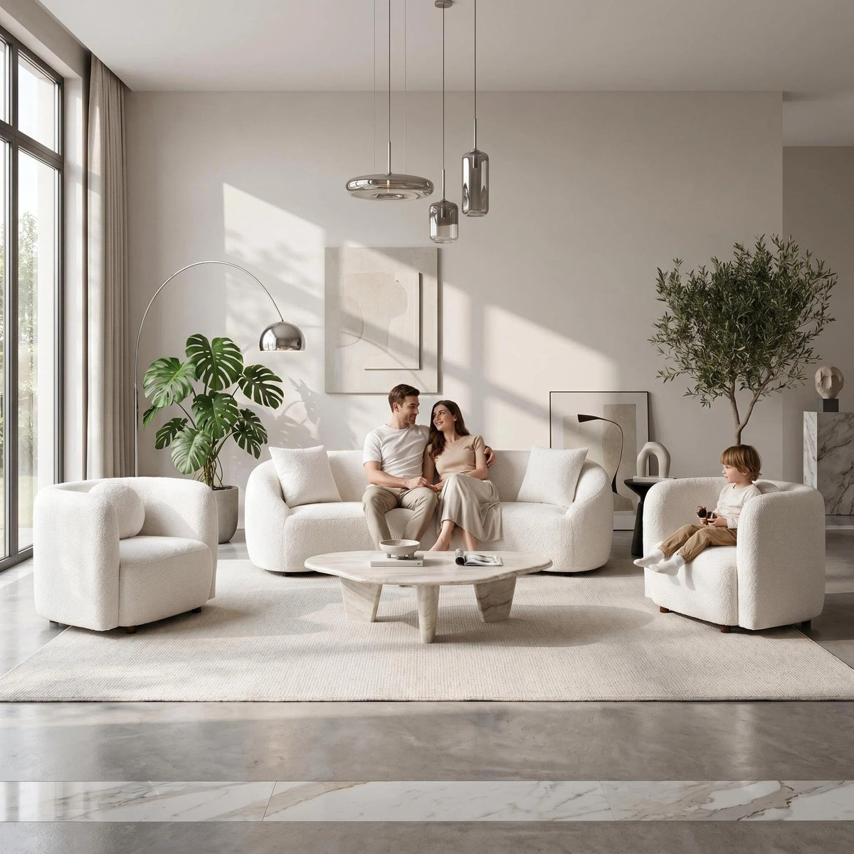 White Curved Sofa Set of 3, Solid Wood Frame, 5 Seater, Pillows, Modern
