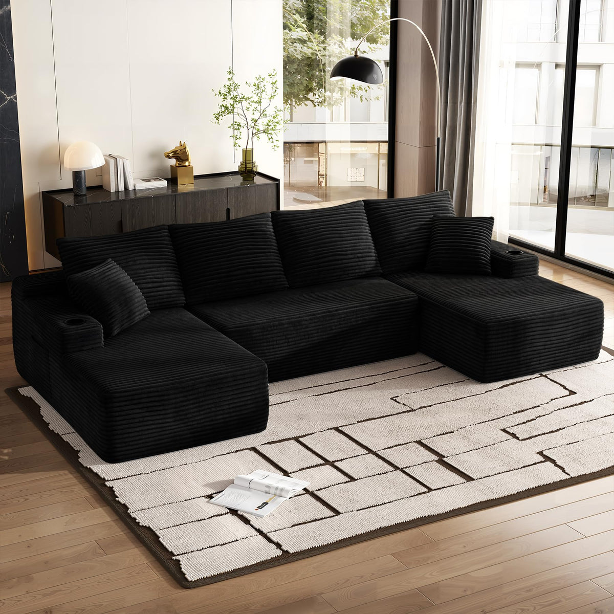 133" Oversized U Shaped Modular Sectional Sofa with Double Chaise, Black