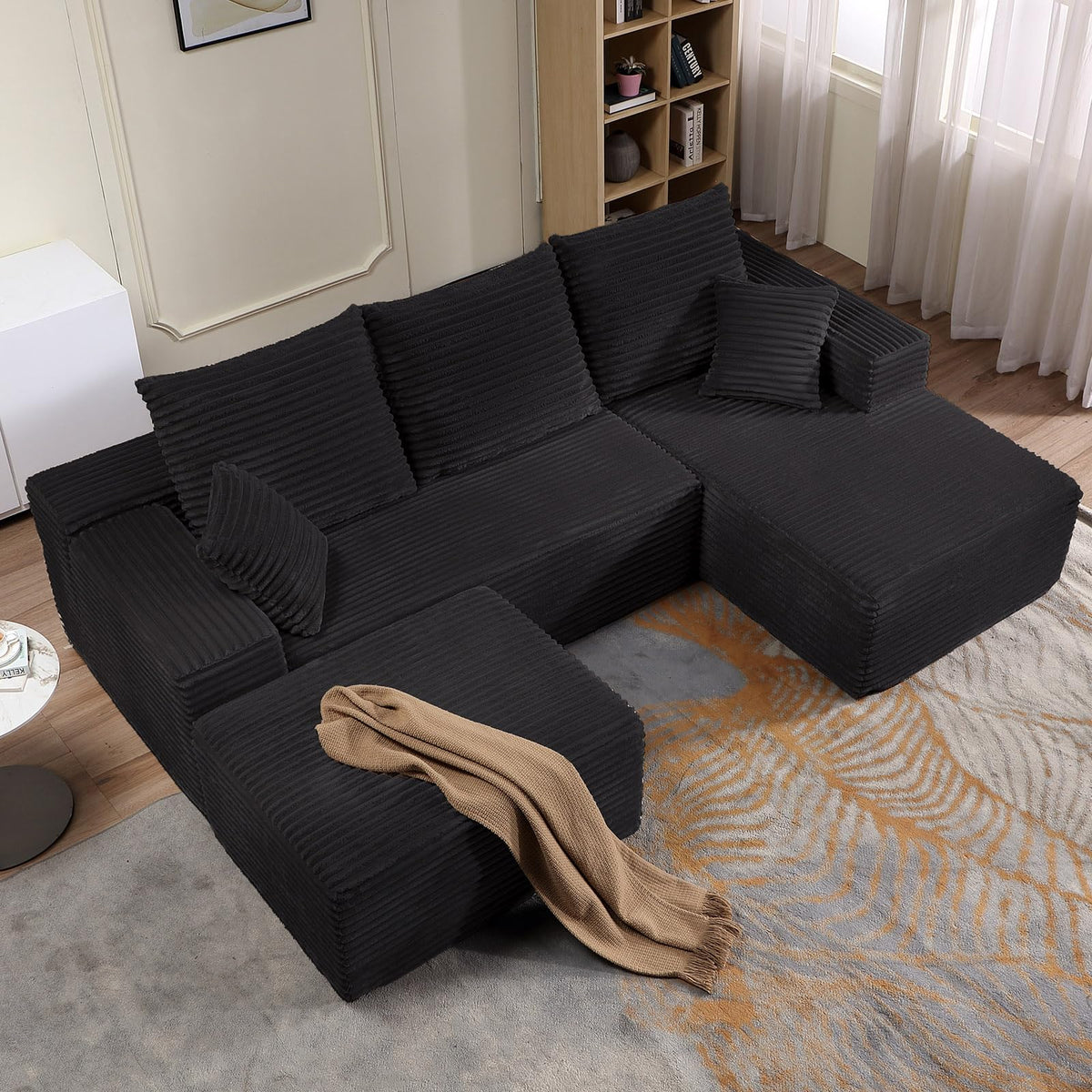 107" Corduroy Modular Sectional Sofa with Ottoman,Modern U-Shaped Cloud Couch with Deep Seat,Comfy 3-Seater Sofa for Living Room,No Assembly (Black,Right-Facing Chaise)