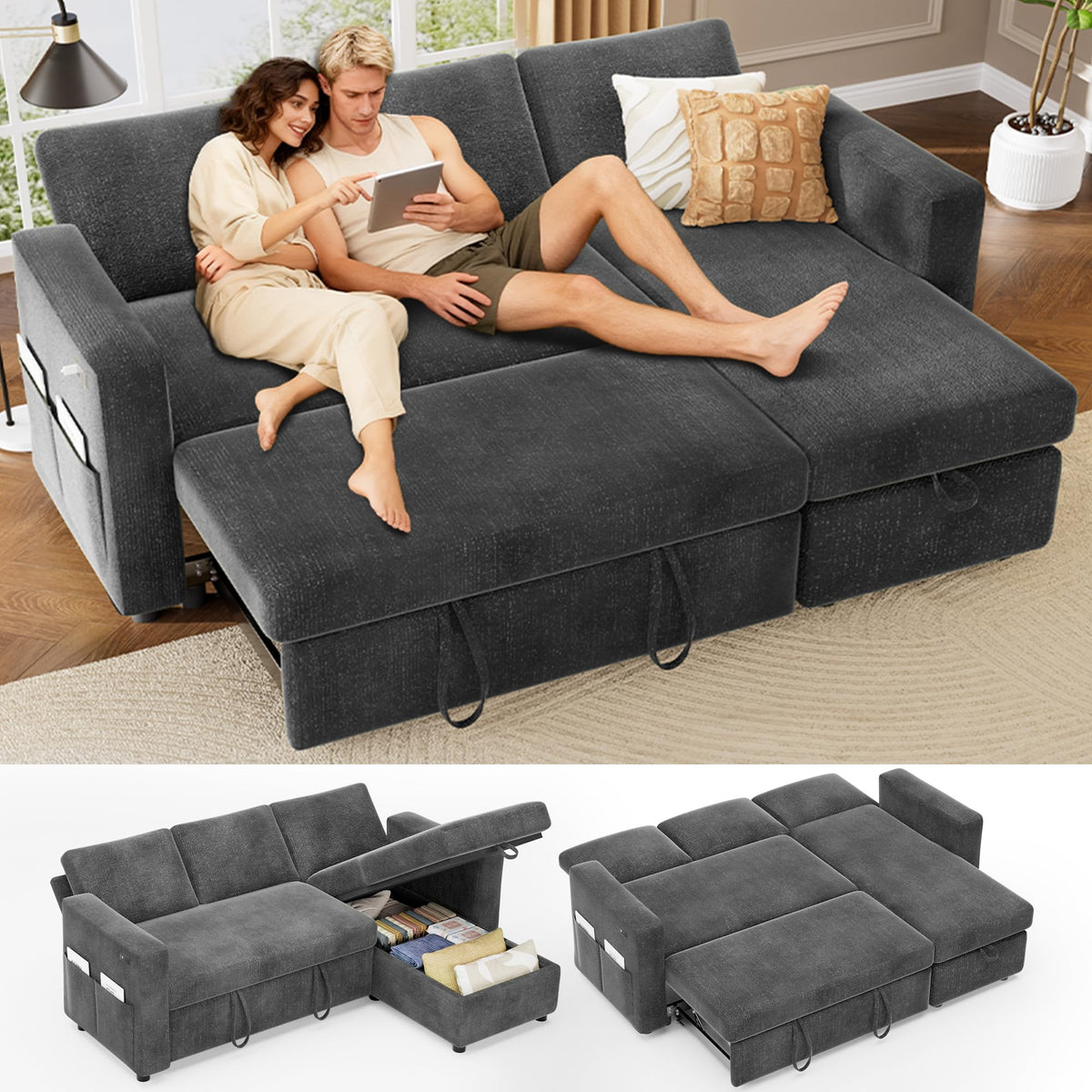 Vipbear 106" Sectional Sleeper Sofa with Pull Out Bed, U Shaped Couch Sleeper Sofa Bed, Pull Out Couch with Reclining Backrest, Double Storage Chaise, USB Ports, Tool-Free Assembly, Chenille Grey