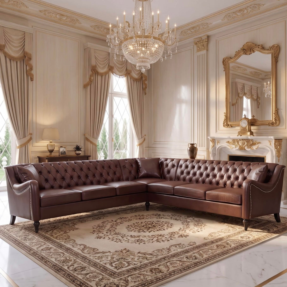 103" Chesterfield Sectional Sofa,Faux Leather Upholstered Couch,Mid-Century Style Oversized 7-Seat Button Tufted Corner Couch with Nailhead Trim,Modern L Shaped Couches for Living Room,Brown