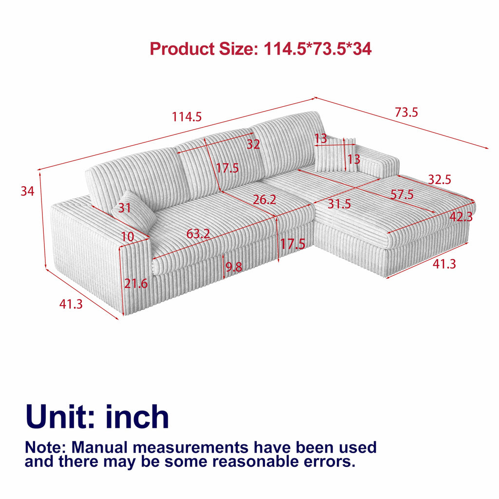 114.5'Corduroy Modular Foam Sofa, Recliner Seat Reversible Sofa, 2 in 1 Sofa with Recliner and L Shaped Sofa Combination with Three Cushion Neck Pillow Combination and Two Throw Pillows WT655