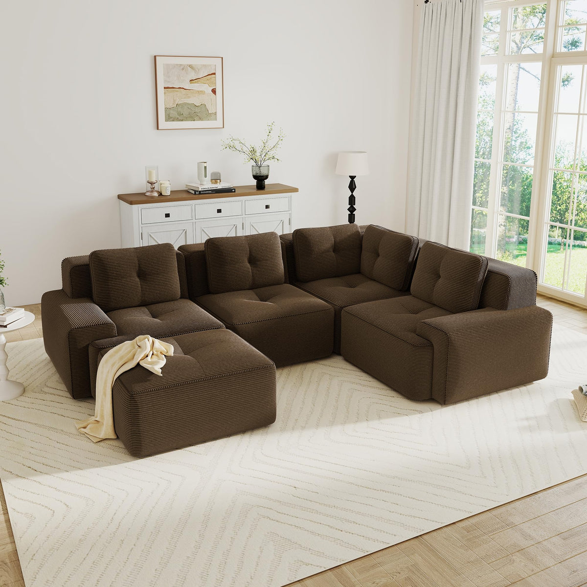 115.3” Camel Boneless Couches for Living Room, Modular Sectional Sofa with L-Shape Chaise, 3 Seater Comfy Upholstered Deep Seat Corduroy Fabric Cloud Couch No Assembly, Anti-Slip Design
