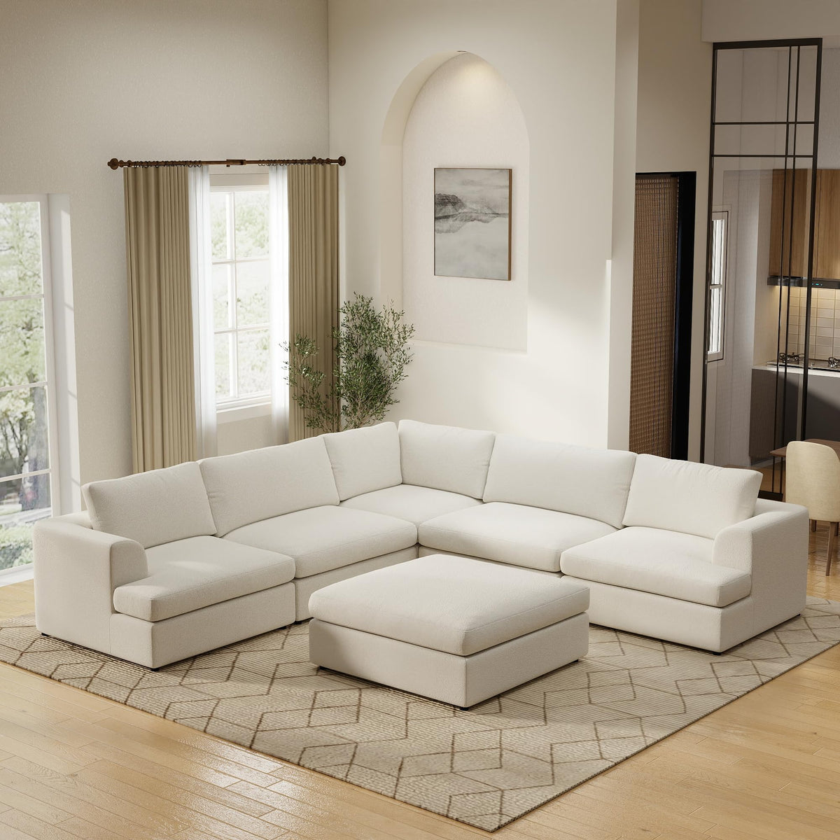 WJShome Modular Sectional Couches, V-Shaped Cloud Couch with Ottoman, High Density Sponge Cushion Sleeper Sofa Bed, Wooden Frame, Sherpa Fabric Sofa Furniture for Living Room, Apartment, White