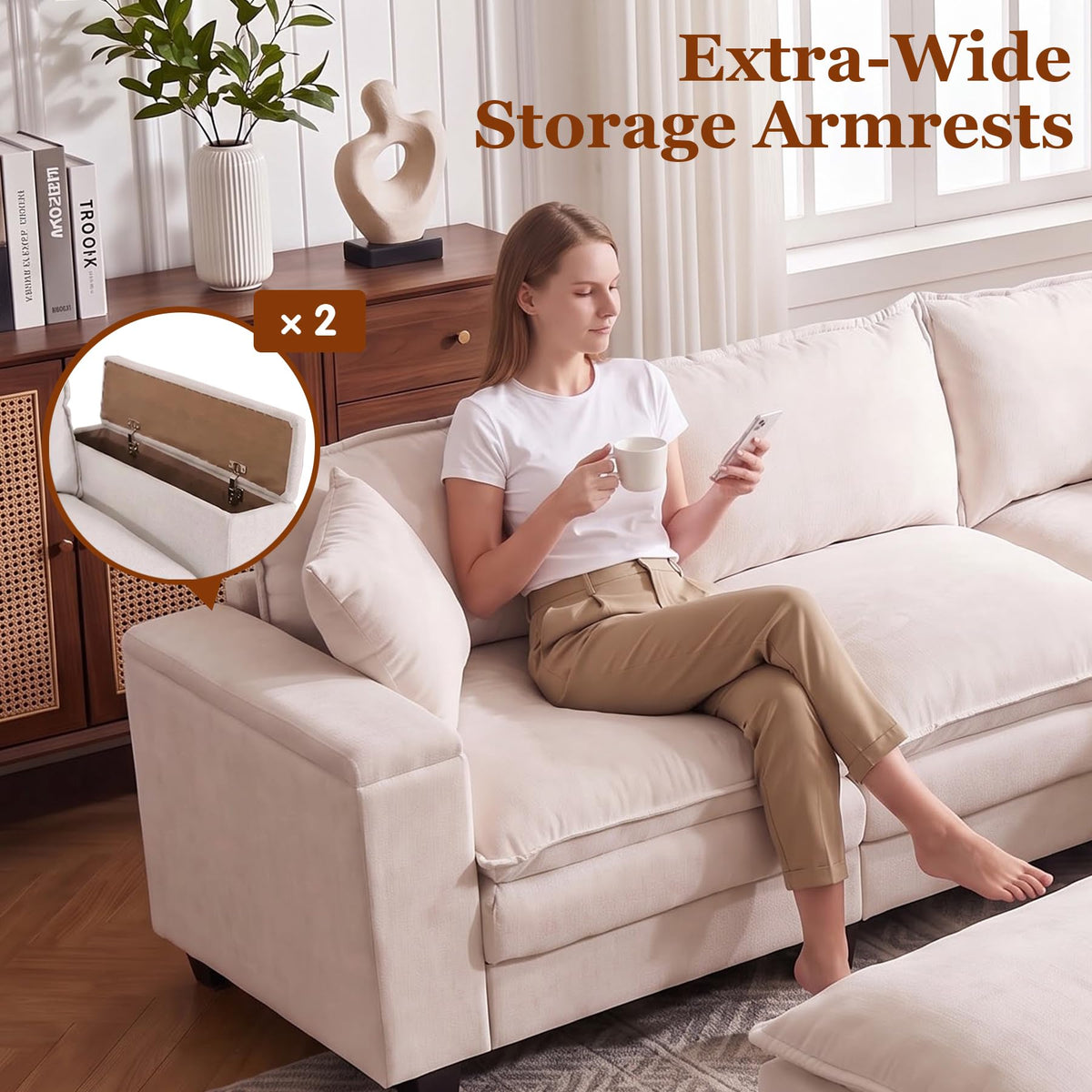 V Shaped Modular Sectional Couch with Storage Ottoman, Beige