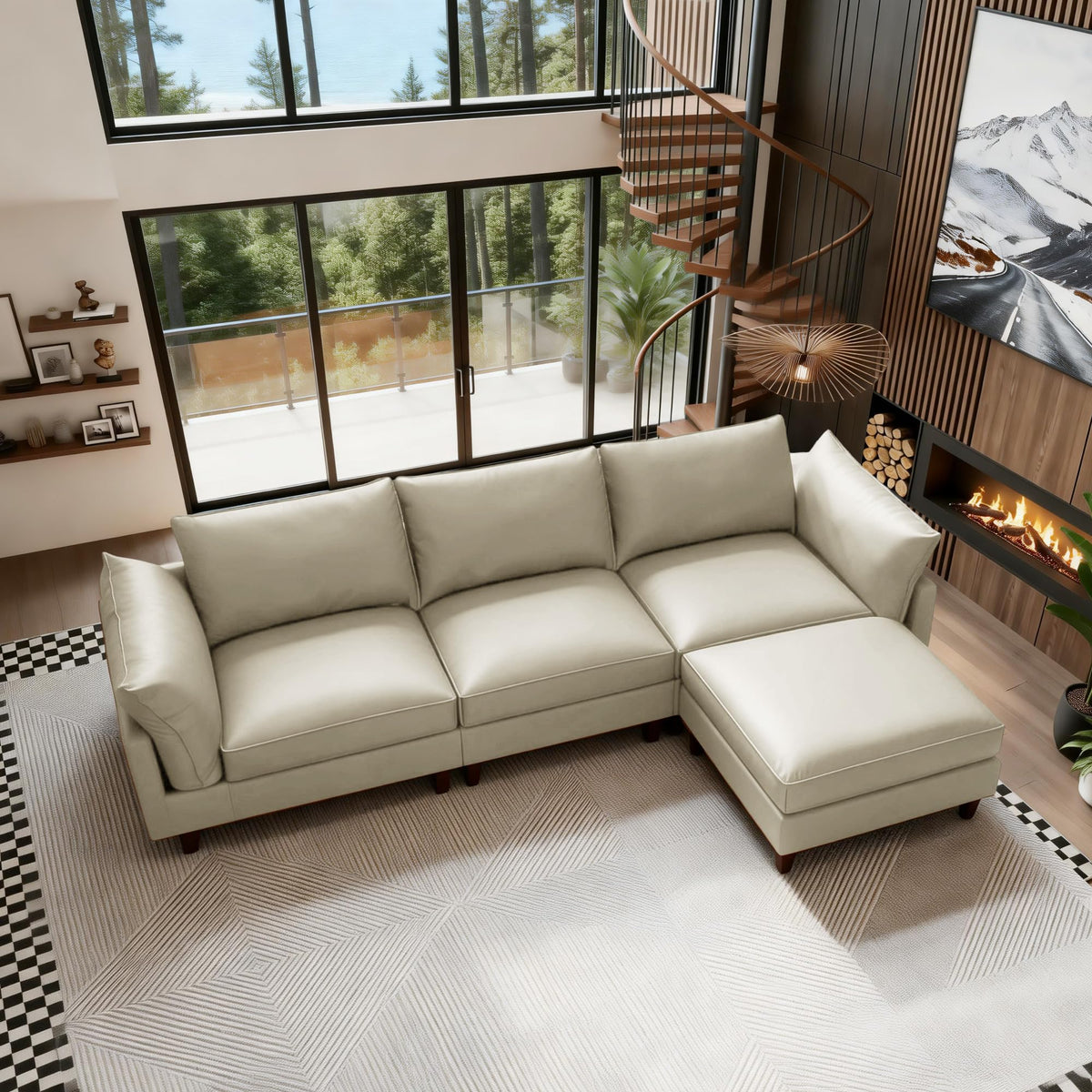 126" L Shaped Faux Leather Couch with Deep Seat for Living Room, Grey