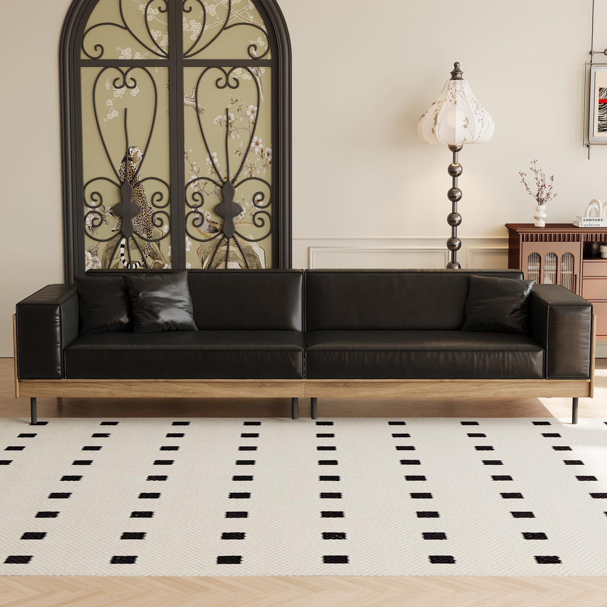 106.3" Leather 4 Seater Sofa, Mid Century Modern Couch Black