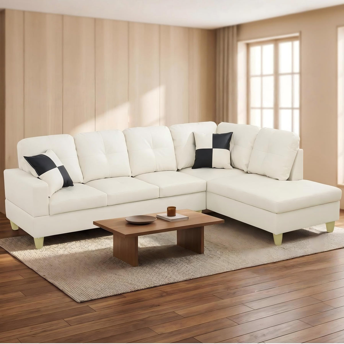 103.5" Sectional Couch with Movable Ottoman, L Shaped 4 Seater PU Faux Leather Sofa w/Chaise Lounge, Comfy Modern Modular Couch for Living Room, Apartment, White Stripes, Right, 3PCS