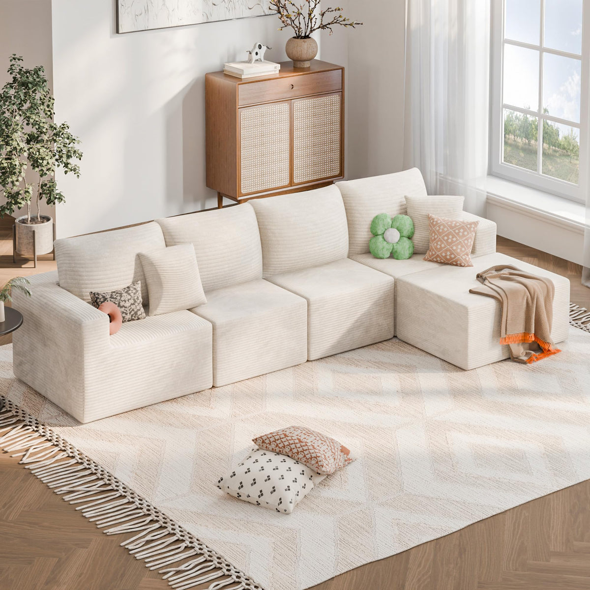 YESHOMY 130" Boneless Couches for Living Room, Modular L-Shaped Sectional Sofa with Comfy Seats and Ottoman, Modern Cloud Couch with Oversized Chaise, No Assembly Required, Cream