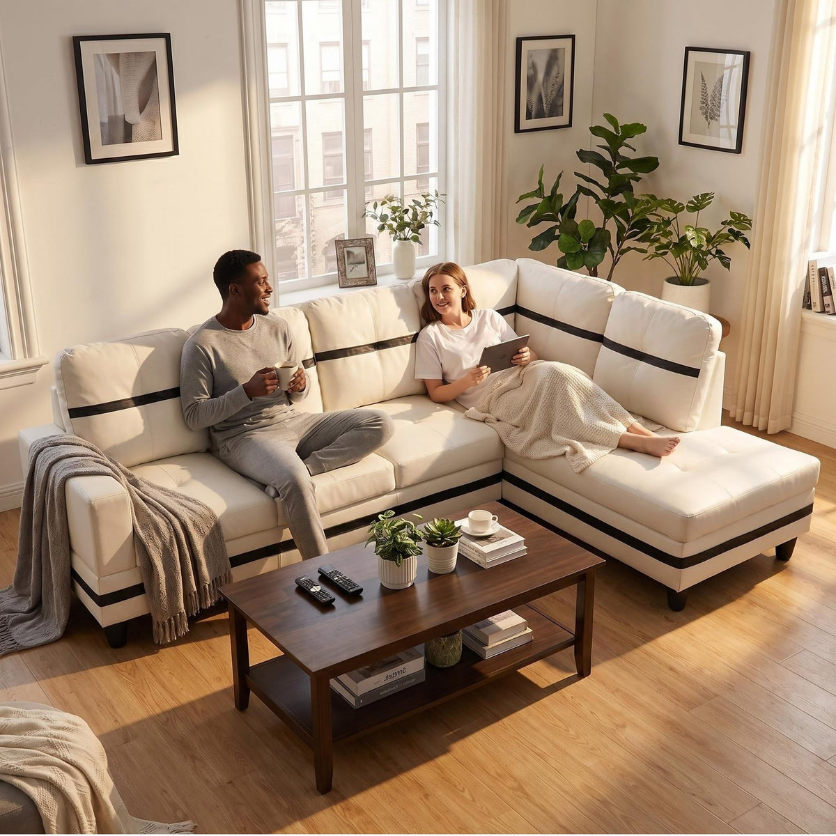 103.5" Sectional Couch with Movable Ottoman, L Shaped 4 Seater PU Faux Leather Sofa w/Chaise Lounge, Comfy Modern Modular Couch for Living Room, Apartment, White Stripes, Right, 3PCS
