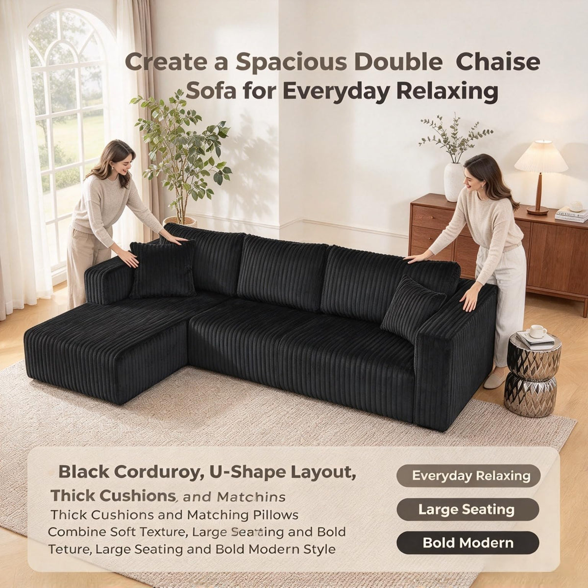 132" Black U Shape Compressed Cloud Modular Sofa Corduroy Memory Foam Sleeper Couch Side Pockets No Assembly Living Room