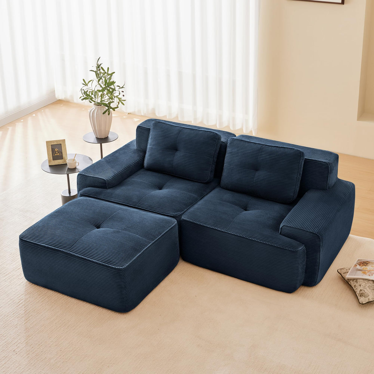 Tidyard 8? Modern L-Shaped Modular Sectional Sofa for Living Room, Corduroy Fabric 2-Seater with Movable Ottoman, Deep Seat, Tufted Design, No Assembly, Anti-Slip Base, Blue