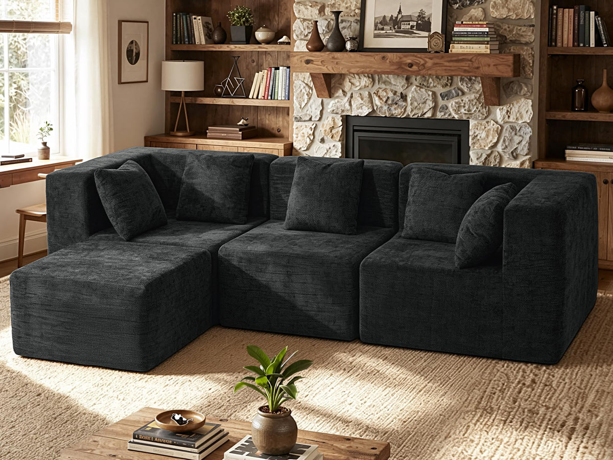 103" Three-Layer Sponge Boneless Couch sectional for Living Room Modular sectional Sofa High-Back 4-Seater L-Shape Couch with Ottoman Memory Foam Waterproof Chenille Black