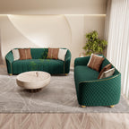1-Piece Luxury Velvet Sofa Set for Living Room, Elegant Design Couch Set with Curved Armrests and Gold Edge Trim, Tufted Upholstered Couch with Gold Metal Legs (Green, 3 Seater)