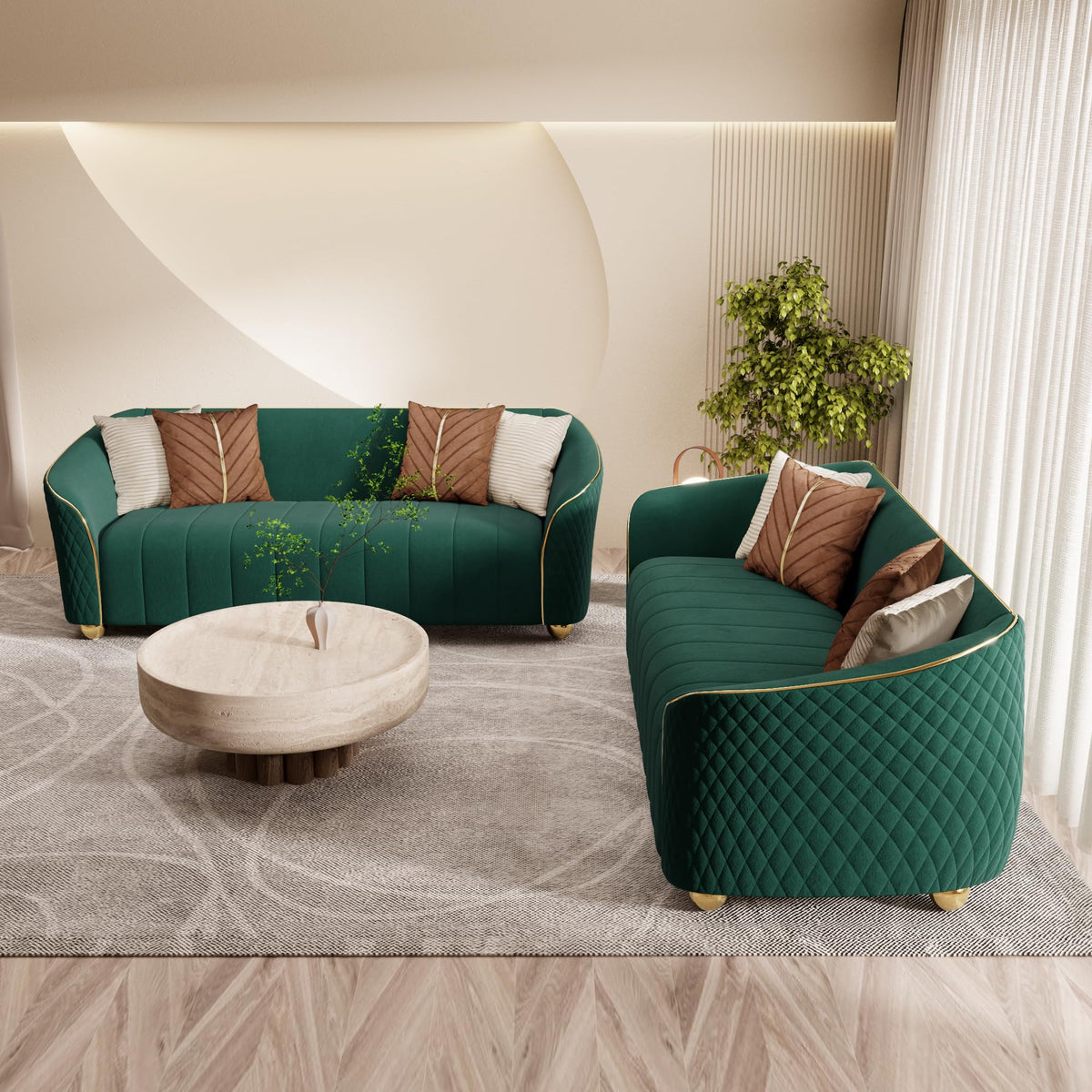 1-Piece Luxury Velvet Sofa Set for Living Room, Elegant Design Couch Set with Curved Armrests and Gold Edge Trim, Tufted Upholstered Couch with Gold Metal Legs (Green, 3 Seater)