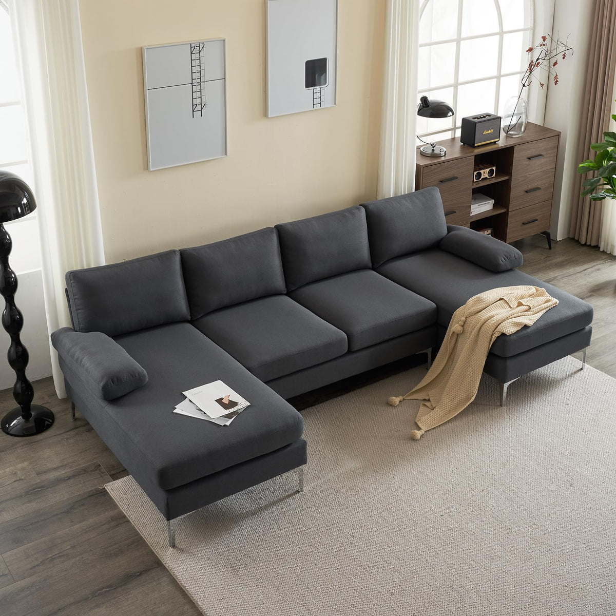 110" U-Shaped Sectional Sofa, 4-Seat Modular Couch with Double Chaise, Modern Linen Fabric Sofa for Living Room, Heavy Duty 1200lbs Capacity, Metal Legs, Dark Gray