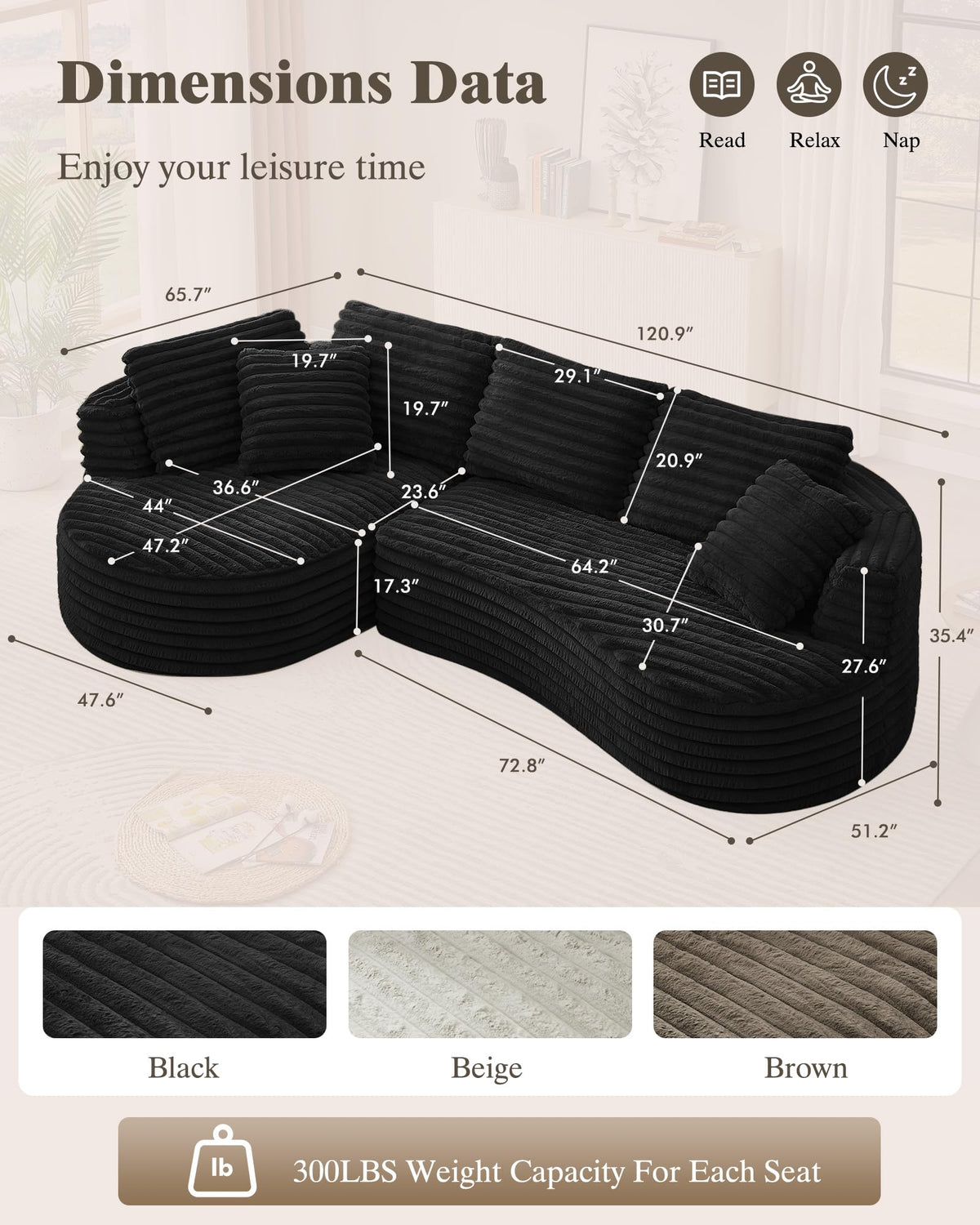 121 inch Boneless Cloud Modular Sectional Couch, Wide Curved L Shaped Sofa with Chaise | Corduroy Fabric | Compressed Foam Sofa for Living Room | No Assembly Black