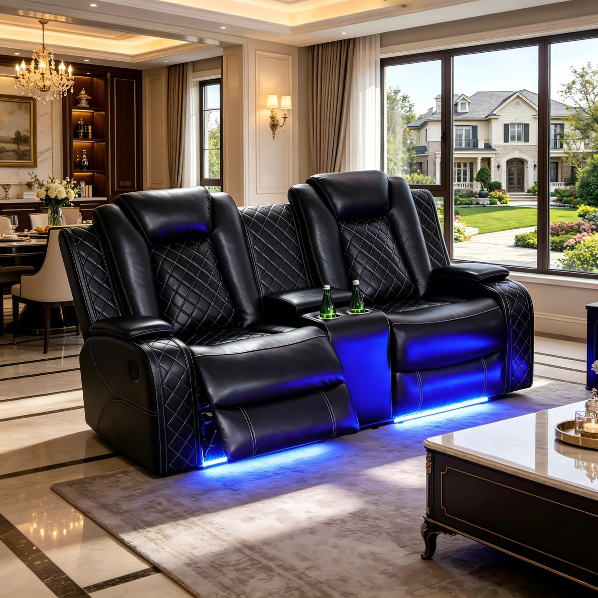A Ainehome Power Leather Recliner Sofa Set with LED Lights, Recliner Sofa Sectional Couches for Living Room, Reclining Sofa, loveseat, Chair with USB Port/Storage Console/Cup Holder(black,3-piece set)