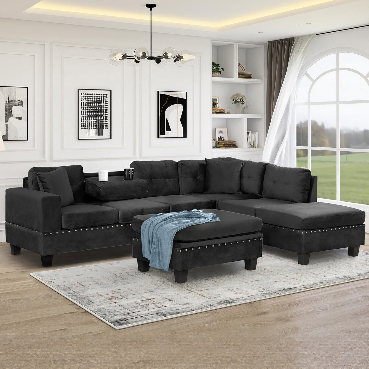 Velvet Sectional Sofa with Storage Ottoman Reversible Chaise L Shape Couch Modern Upholstered Sofa with Rivet Trim Pocket Spring Cushions Living Room Furniture 105.1" D 75.2" W, Gray