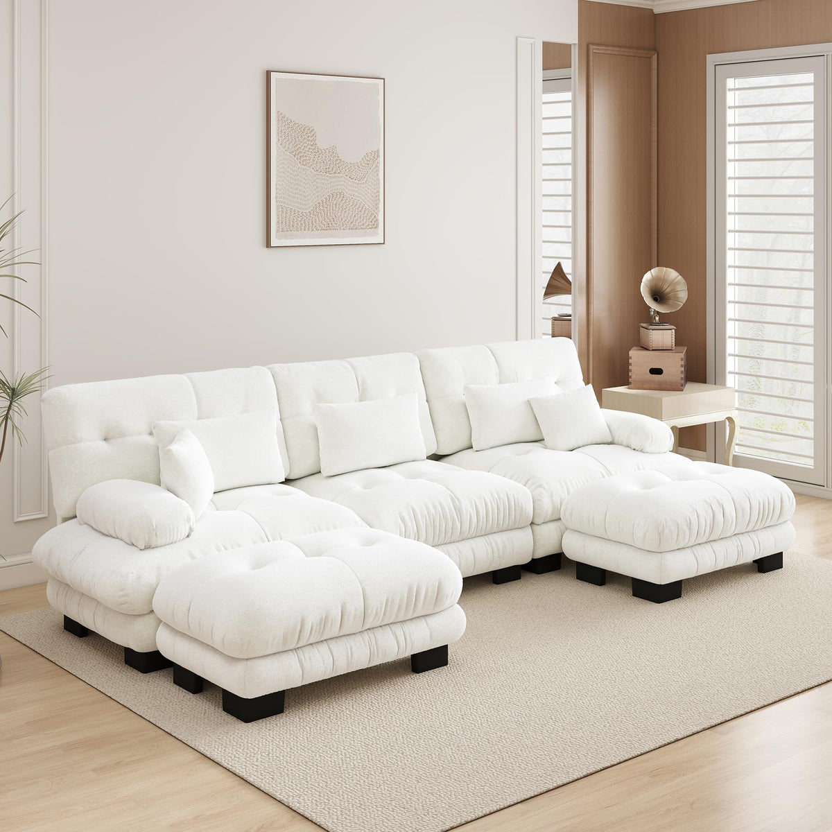 Velvet Modular Sectional Sofa,130" W Oversized U Shape Cloud Couch with 2 Ottomans,Free Combined 3 Seater Comfy Sofa with Bolster Armrest Pillows,Green for Living Room