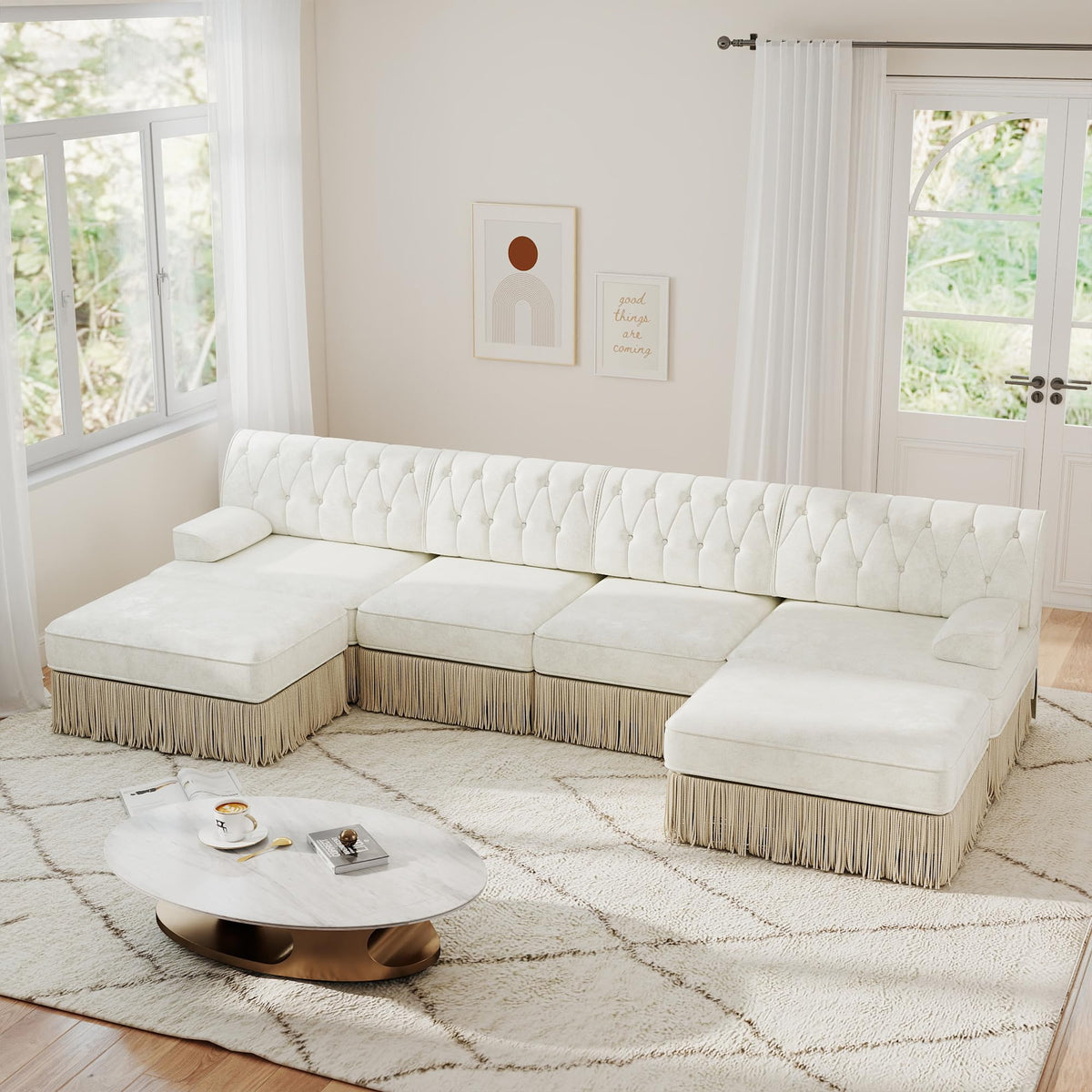 Unique Chesterfield Style Modular Sectional Sofa, 135.6” L-shaped Boneless Sofa with Velvet Fabric, Floor-grazing Tassel Fringe Skirt and Button Tufted Design for Living Room, Easy to Assemble, Beige