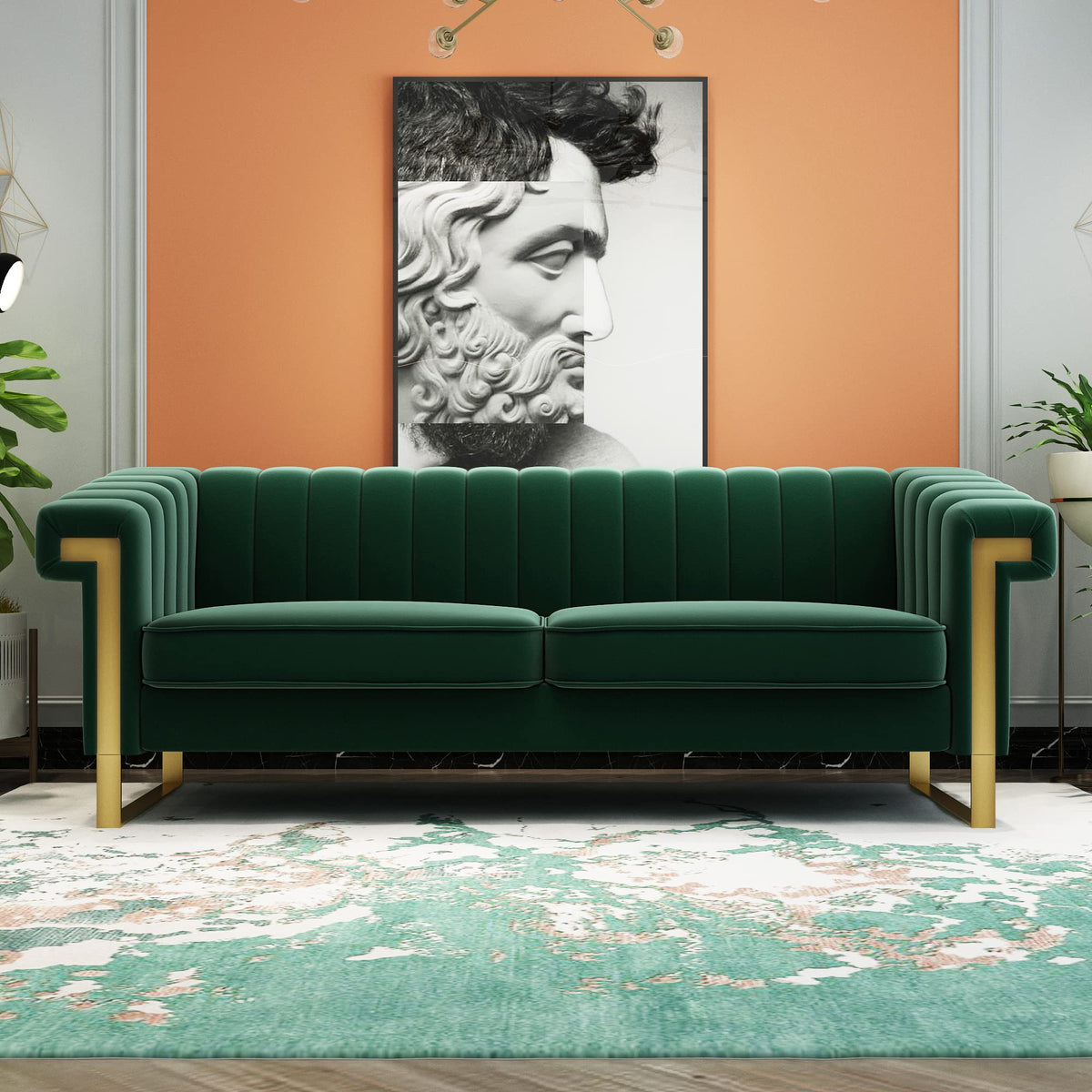 Tomkate 84" Chesterfield Sofa, Modern Velvet 3-Seater Couch with Gold Metal Legs & Removable Cushions, Upholstered Comfy Sofa with Stainless Steel Base for Living Room, Bedroom, Office (Green)