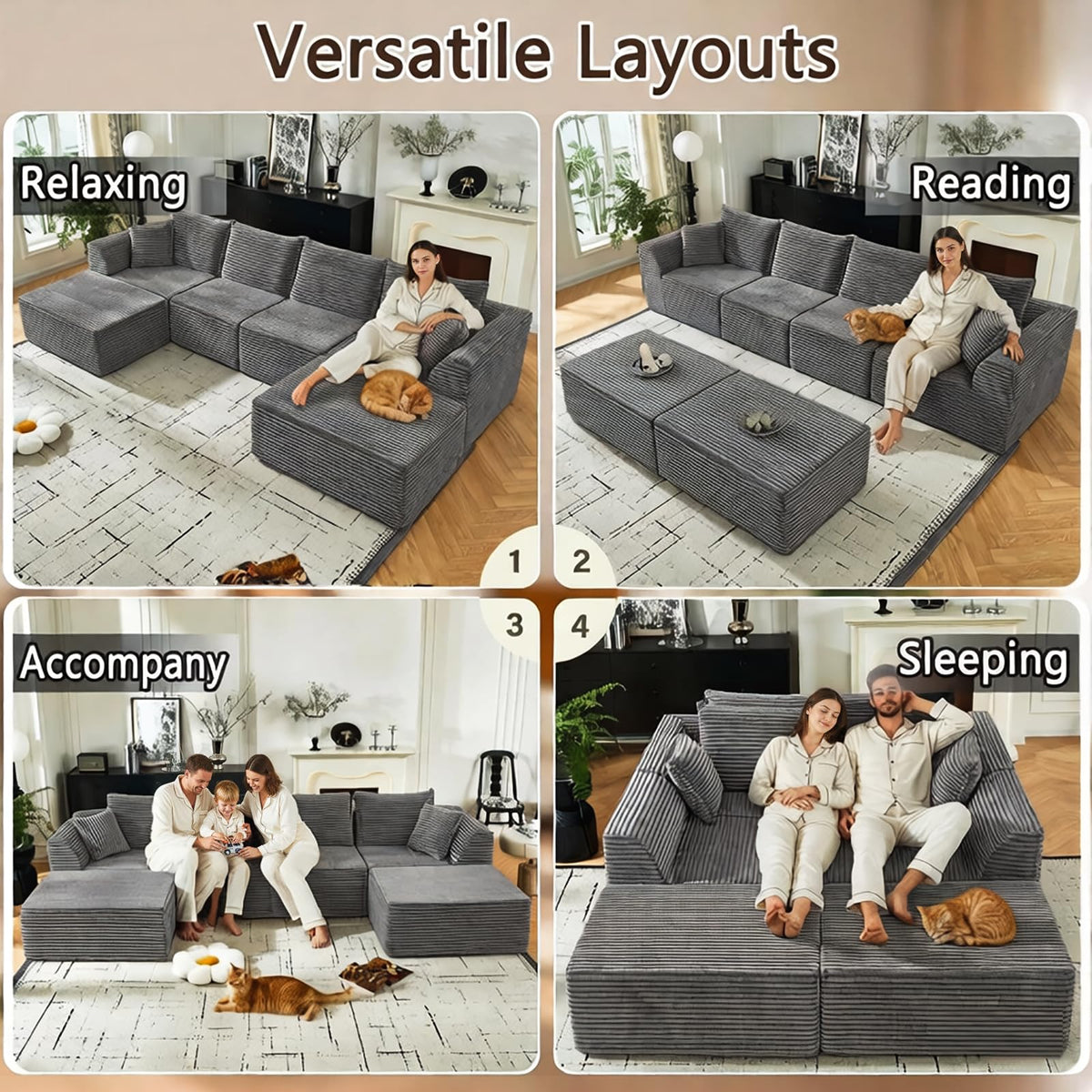 U Shaped Modular Sectional Couches for Living Room, 130" Cloud Modular Sectional Sofa Chaise, Fluffy Corduroy Couch with Deep Seat for Bedroom, No Assembly Required,Black