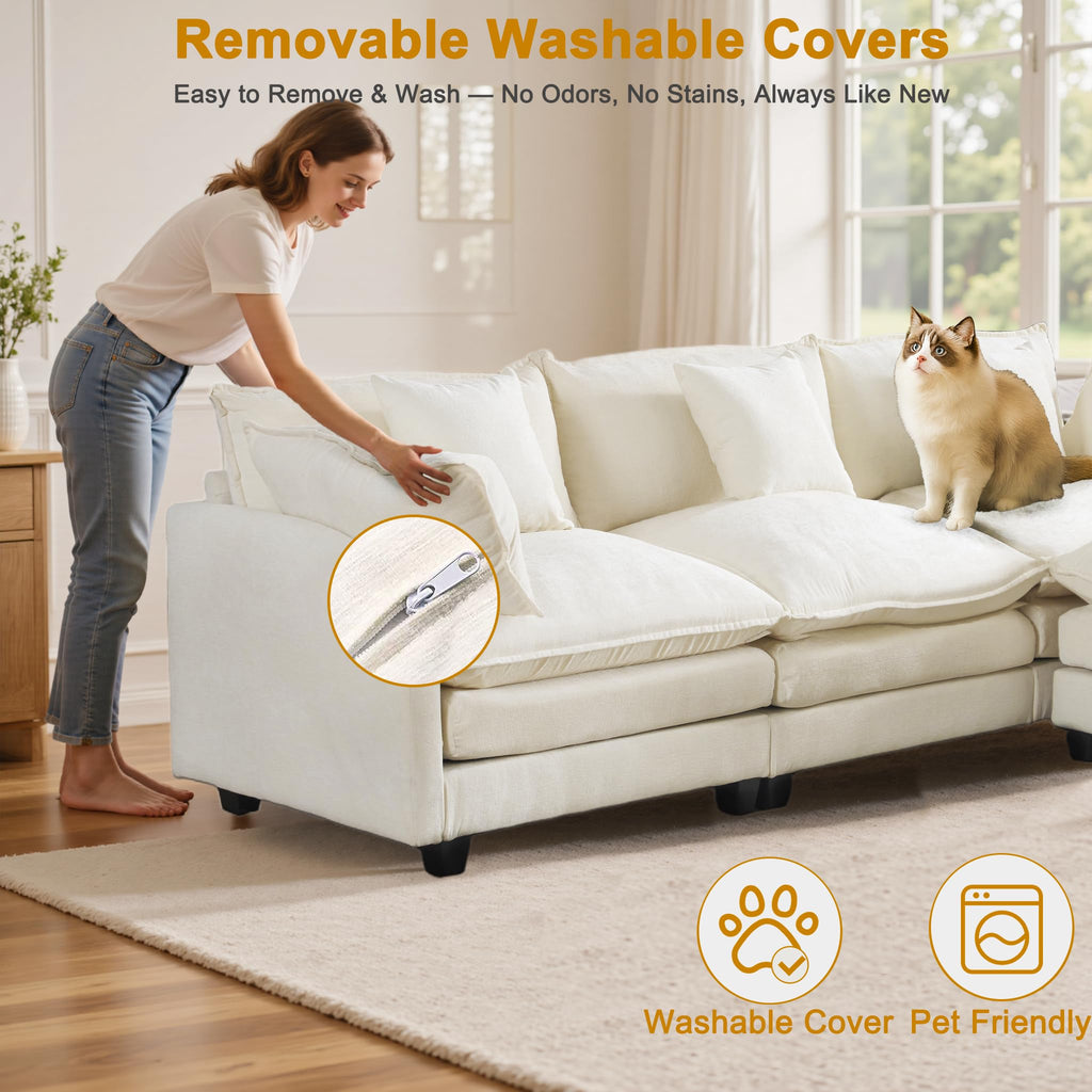 U-Shaped Cloud Chenille Sectional with 2 Ottomans, 146" Modular Sofa for Large Spaces, Ultimate Comfort with Deep Seats & Pillows, Solid Frame, 1YR Warranty, Beige