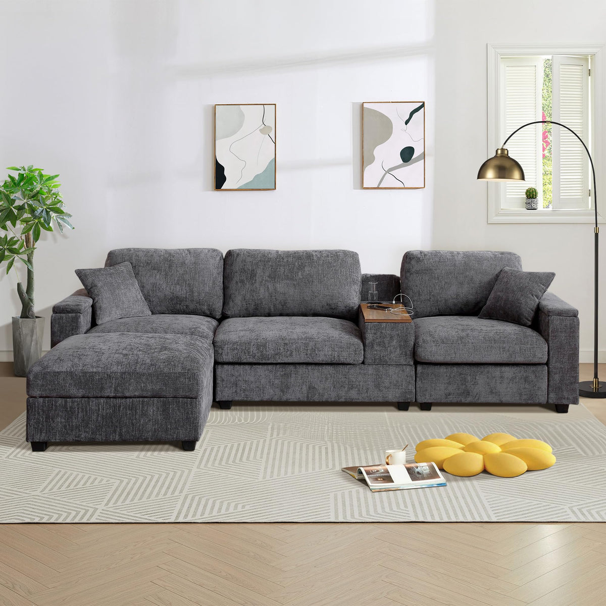 120.3" L-Shaped Sectional Sofa with Storage Ottoman, Oversized Comfy Couch with USB Port, Side Storage, Cup Holder & 360°Swivel Drop-Down Table, Sectional Couches for Living Room (Gray, 120.3")