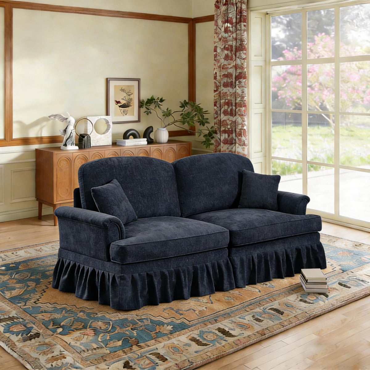 107'' Modern Sectional Sofa, Upholstered U-Shaped Couch with Removable Ruffles Pleats Skirts, Silver Chenille Cloud Couch, Ottoman, Flared Arms, 4-Seat Couches for Living Room, Bedroom, Camel
