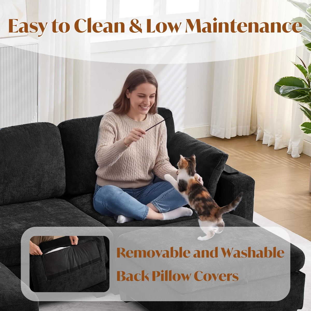 URRED 106" Modular Sectional Sofa with Storage, Convertible U Shaped Couch with Movable Ottoman, 5 Seat Modern Chenille Sectional Sofa for Living Room (Black, 106'')