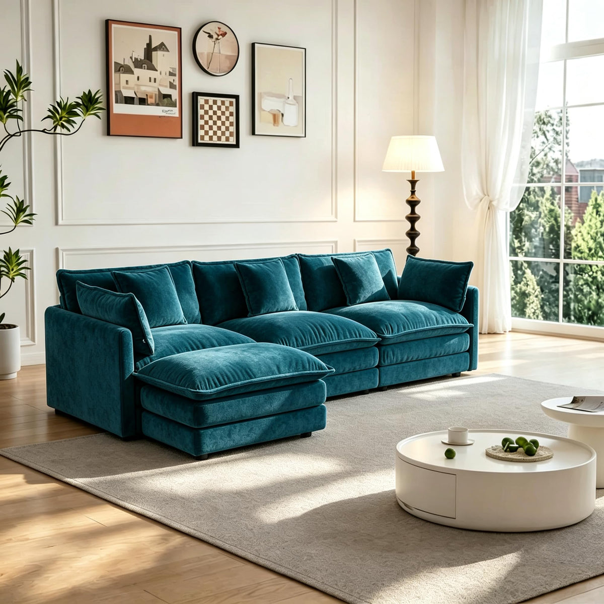 103.8" L-Shaped Sectional Sofa, Modular Chenille Cloud Couch, Deep Seat 4-Seat Sofa for Living Room with Ottoman & Pillow, Easy Assembly, Blue