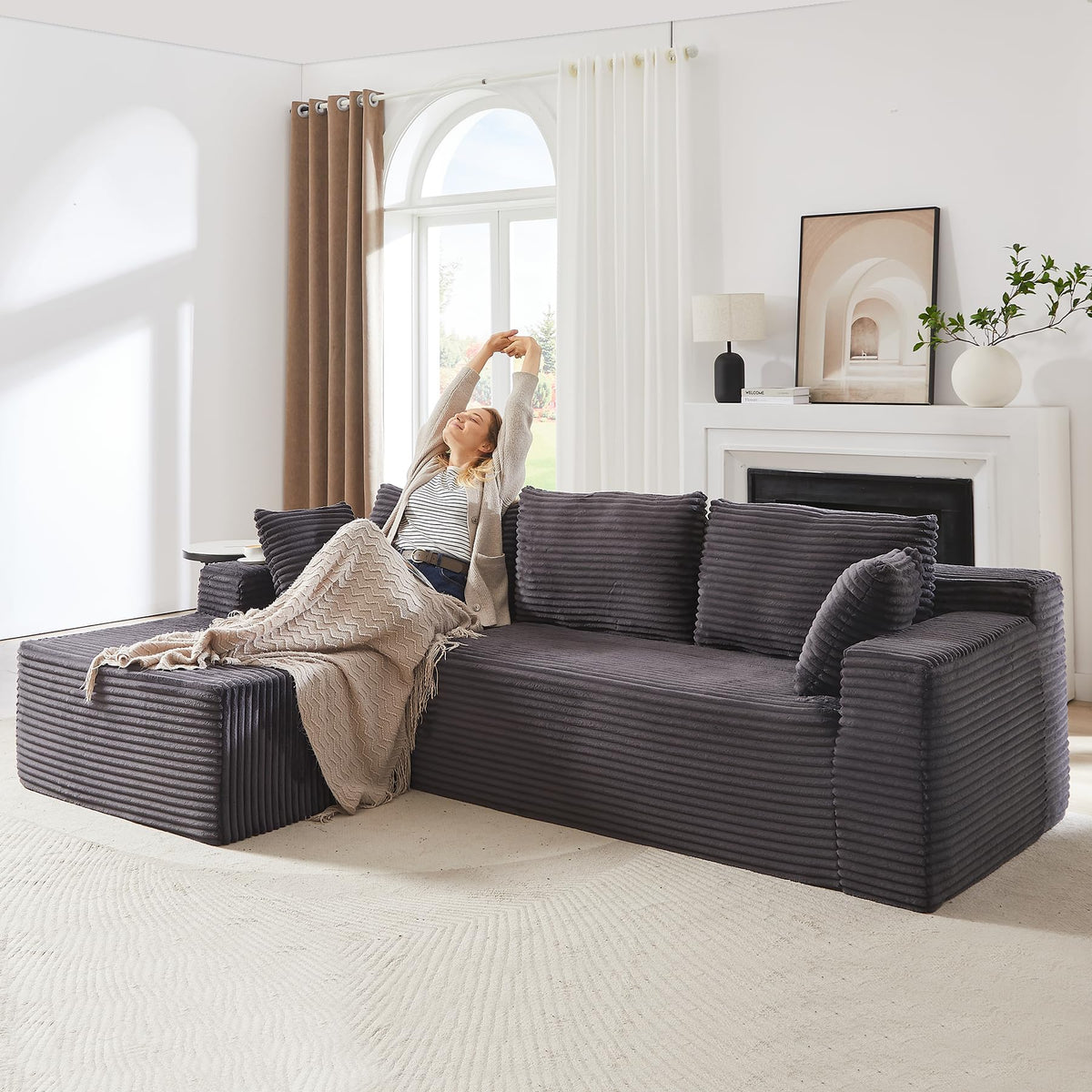 134 Inch Cloud Sectional Couch with L-Shape Chaise,Modern Upholstered Couches with Deep Seat,Corduroy Sponge Compressed Sofa for Living Room, Bedroom,No Assembly Required (Dark Gray, U-Shaped Sofa)