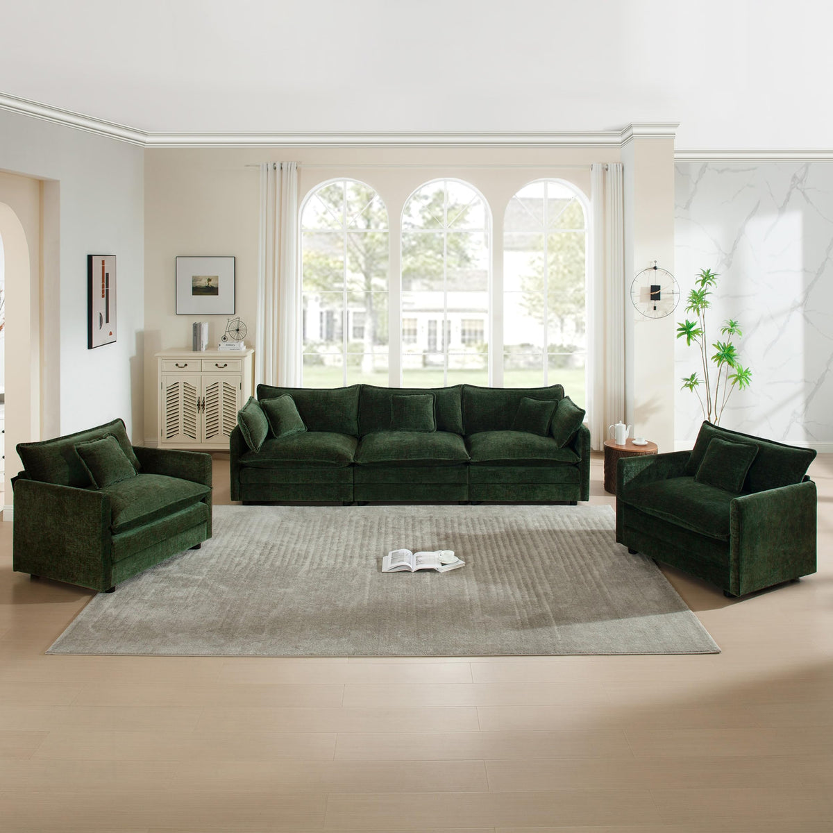 White Modular Sectional Sofa 3-Piece Set, Modern Deep Seat Chenille Couch, Loveseat, Single Sofa, Oversized Modular Couch for Living Room