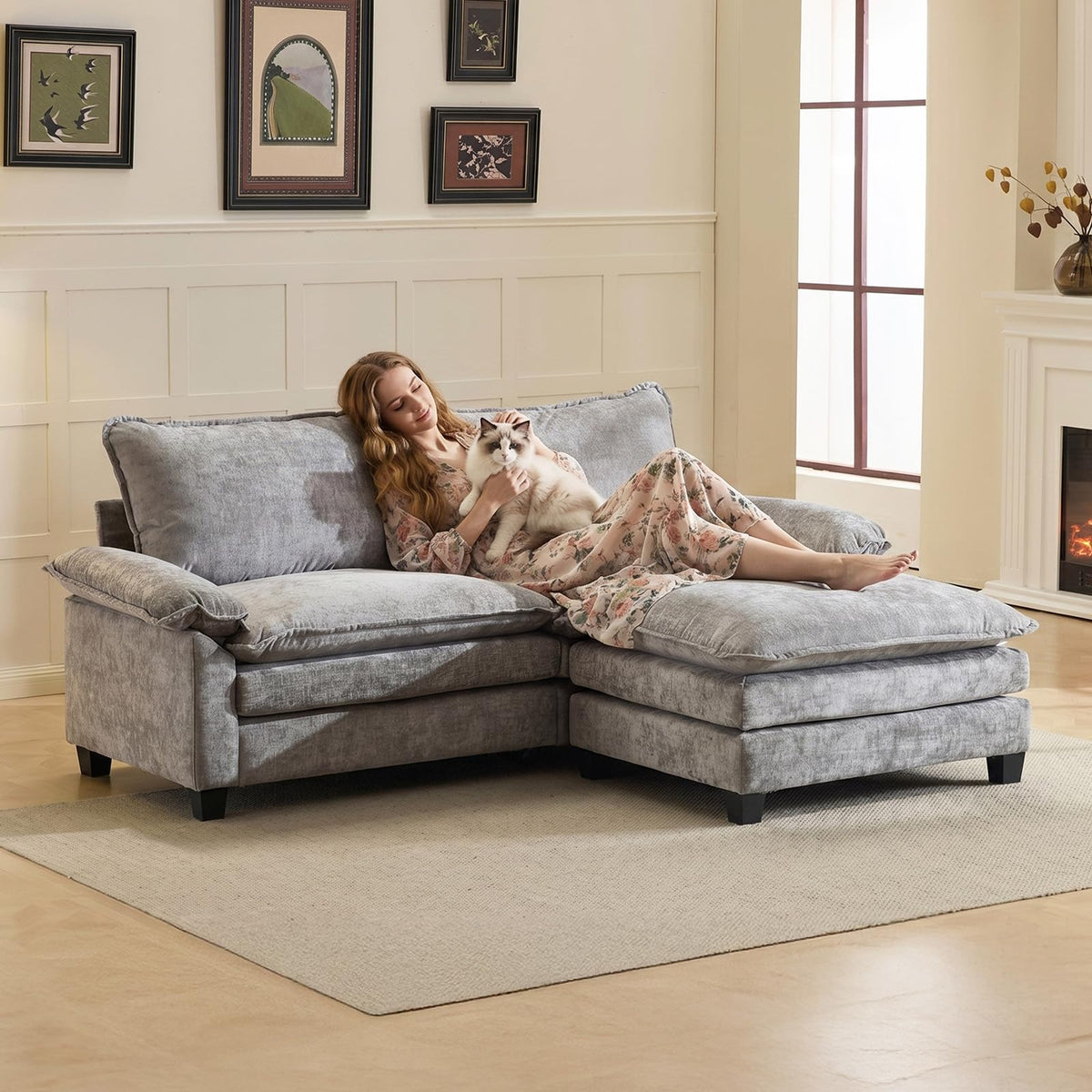 VINGLI 122" Chenille Double Layer Sofa Couch with 1 Ottoman, L-Shaped Sectional Cloud Couch for Small Spaces, Modern 3-Seater Sofa Set for Living Room & Apartment, Olive Green