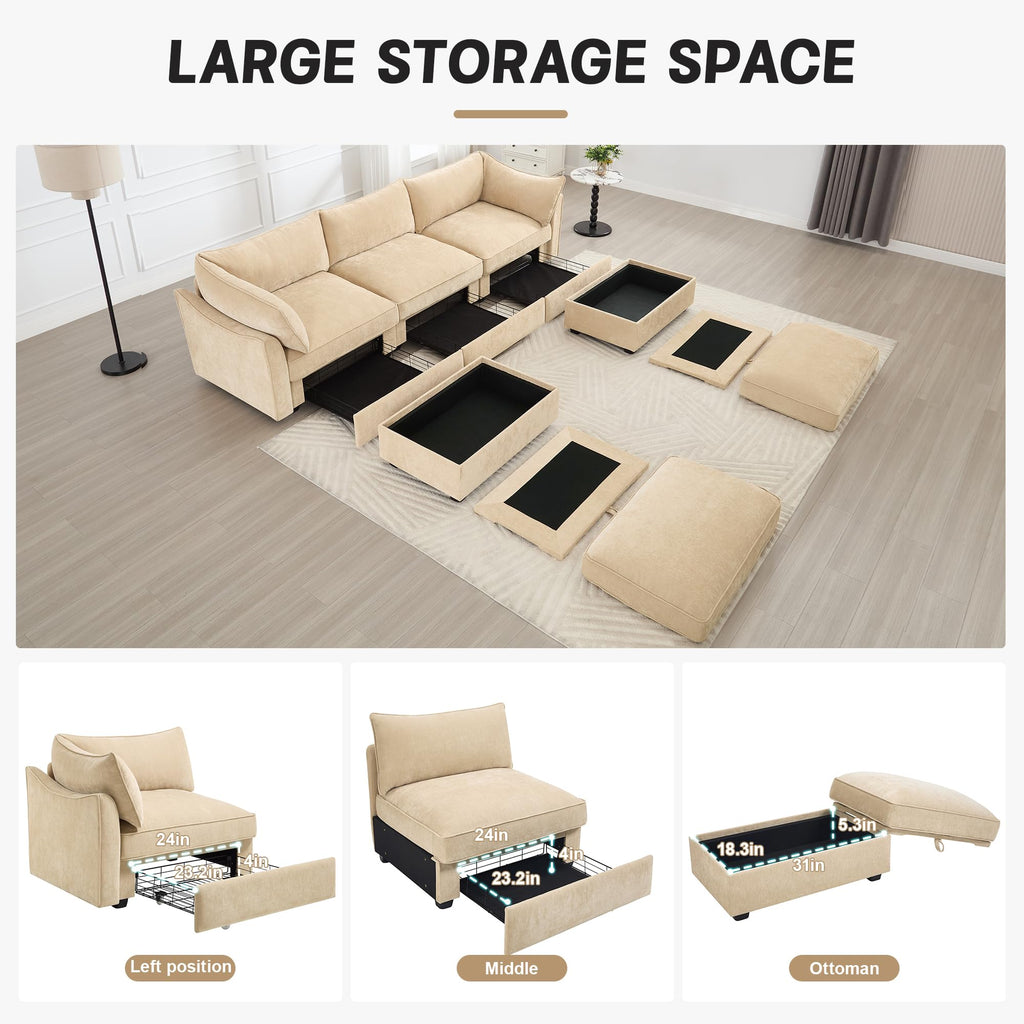 U Shaped 3 Seater deep seat Sofa with footstools Including 2 movablefootstoolsshapedarmrests,andwraparoundback and arm Cushions,with a Pull Out Storage Drawer Under Each seat Chenille Wheat