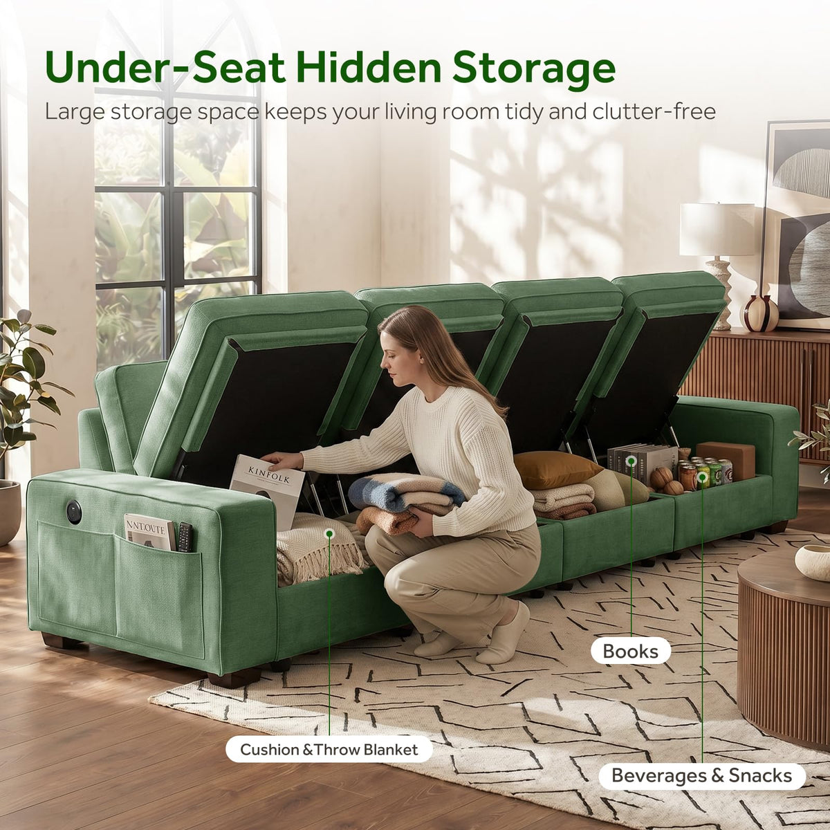 128" Modular Long Sofa with Full Seats Storage, 4-Seater Chenille Sofa Couch for Living Room, USB Charging, Solid Wood Frame, Wide Armrest, Side Pocket, Deep Seat, Comfy Spring Cushion (Green)