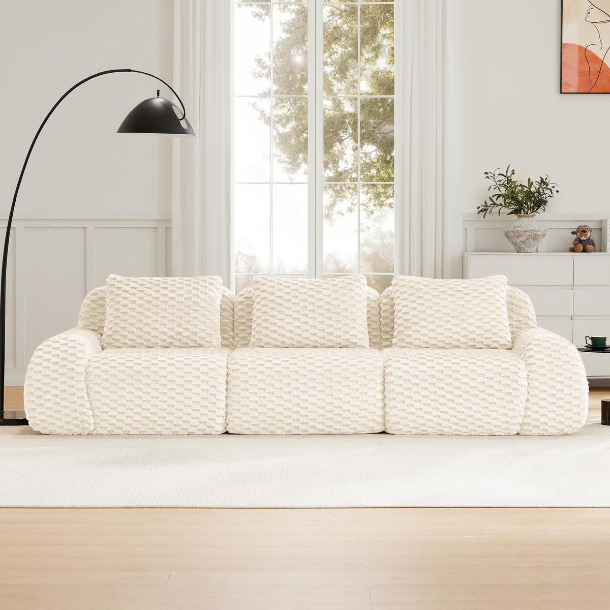 114" Modular Sectional Sofa for Living Room,Flannelette Fabric,Oversized 3 Seater Couch,Boneless Sofa,Deep Seat,Buckle Connection,Anti Slip Design,No Assembly,Cream