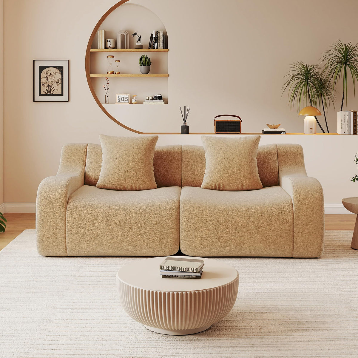 115.3" Modular Sectional Couches for Living Room, Teddy Deep Seat Sofa, 3 Seater Boneless Couch with 2 Ottoman,Orange